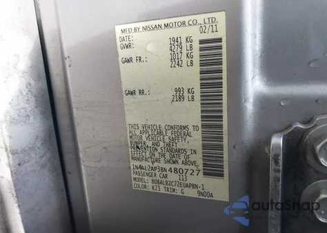 2011 Nissan Altima 2.5 S z USA, uszkodzony, nr VIN 1N4AL2AP3BN480727